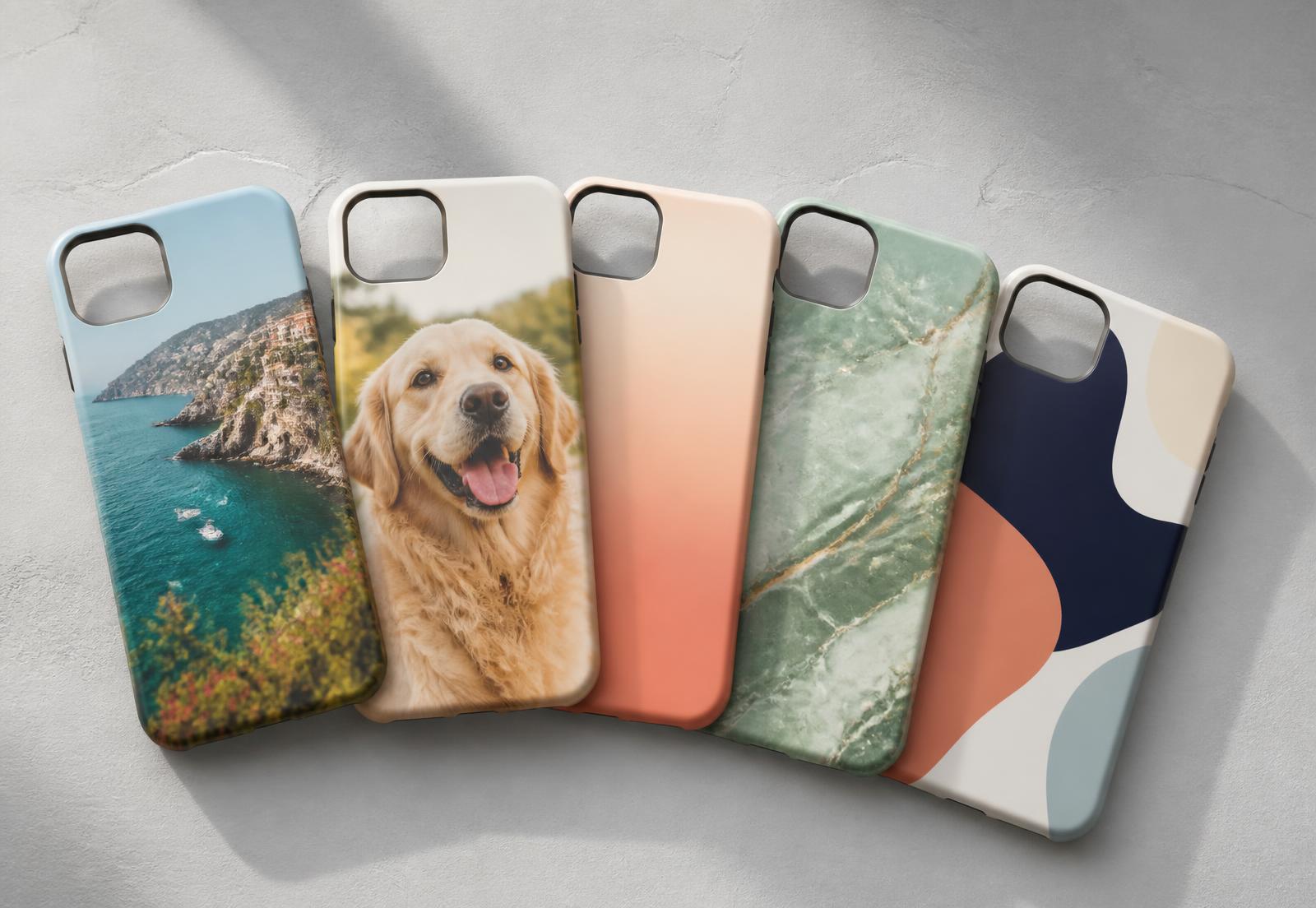 Five personalized phone cases with different printed designs arranged side by side
