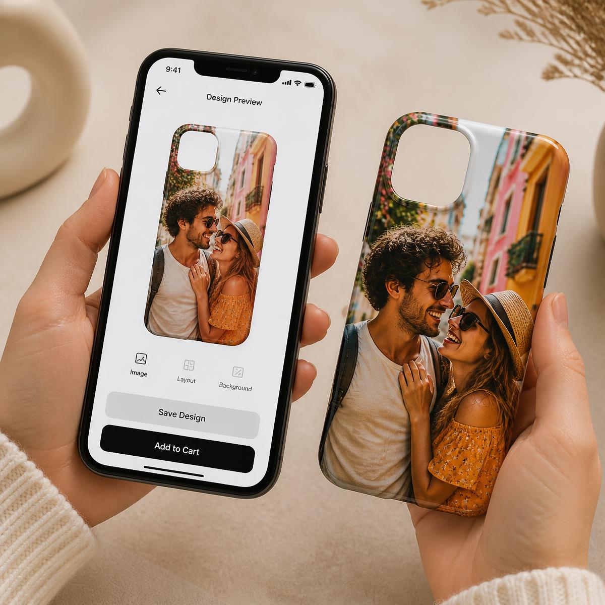 Vista previa del diseño en pantalla junto a la funda impresa correspondiente