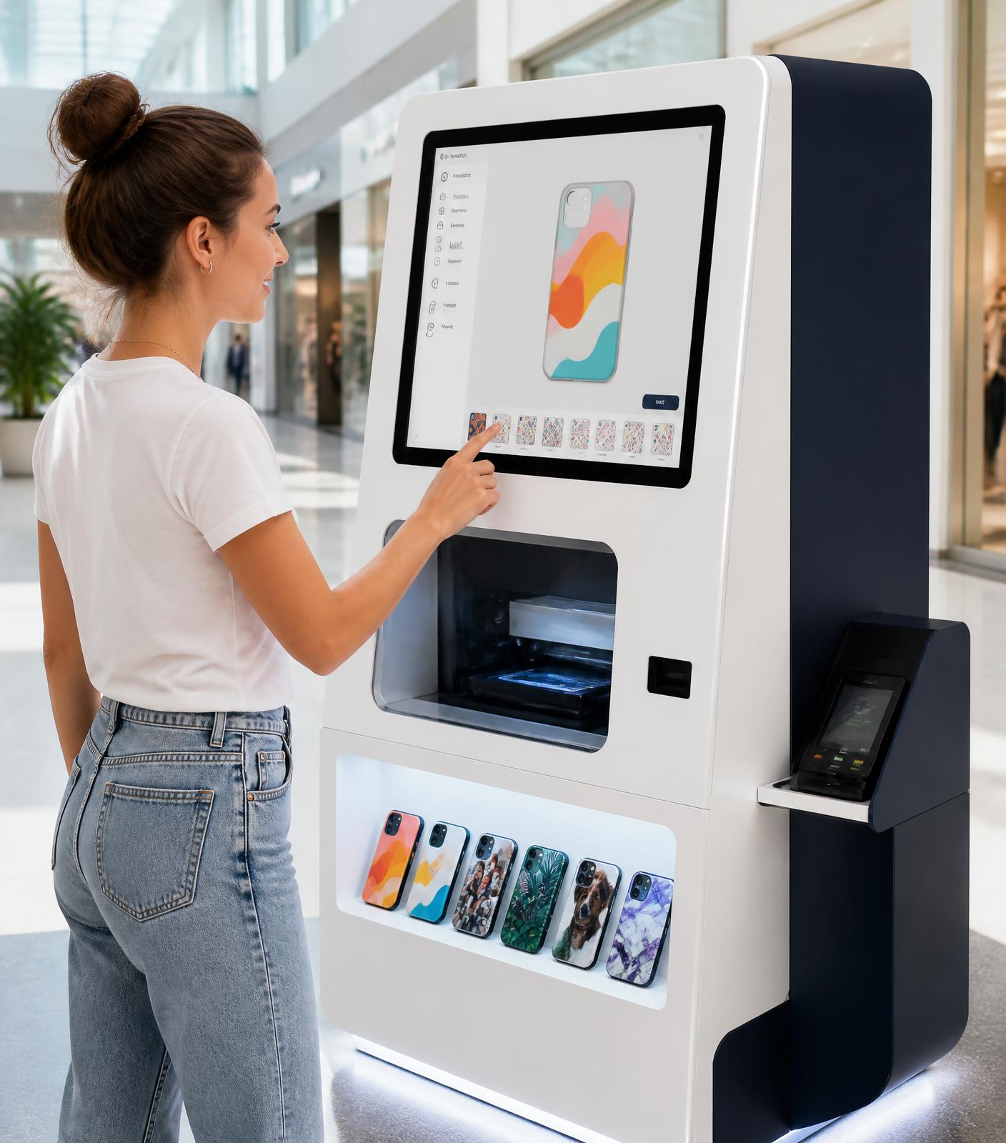 Clienta diseñando una funda de móvil personalizada en la pantalla táctil de un kiosco automático de autoservicio en un centro comercial