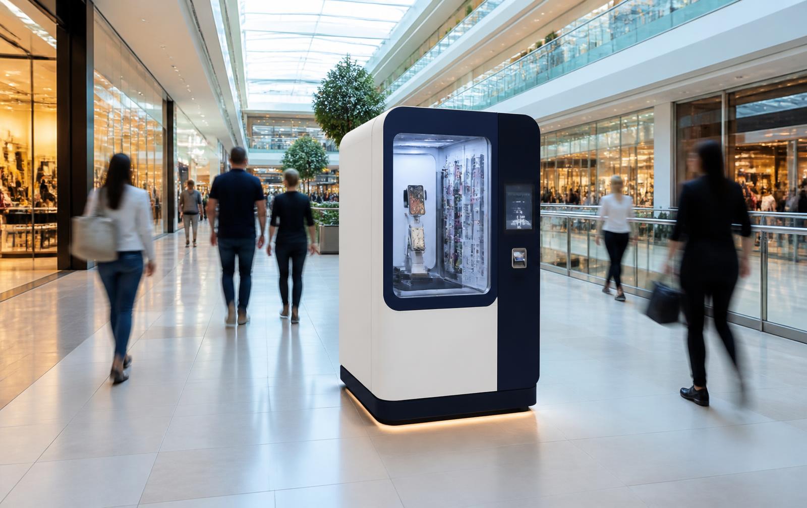 Kiosco automático compacto de fundas personalizadas situado en un pasillo concurrido de un centro comercial