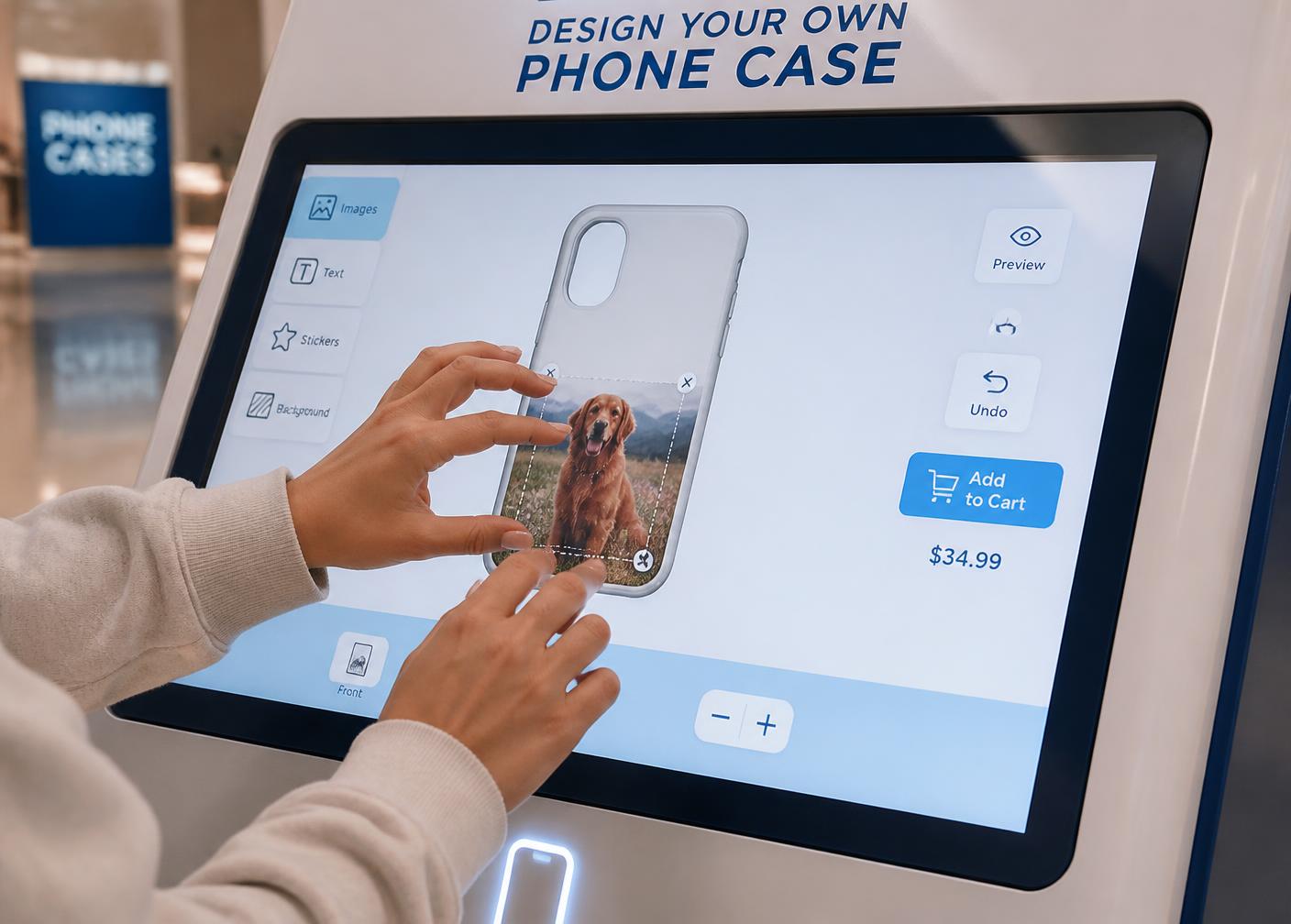 Clienta colocando una foto sobre el diseño de una funda en la pantalla táctil del kiosco