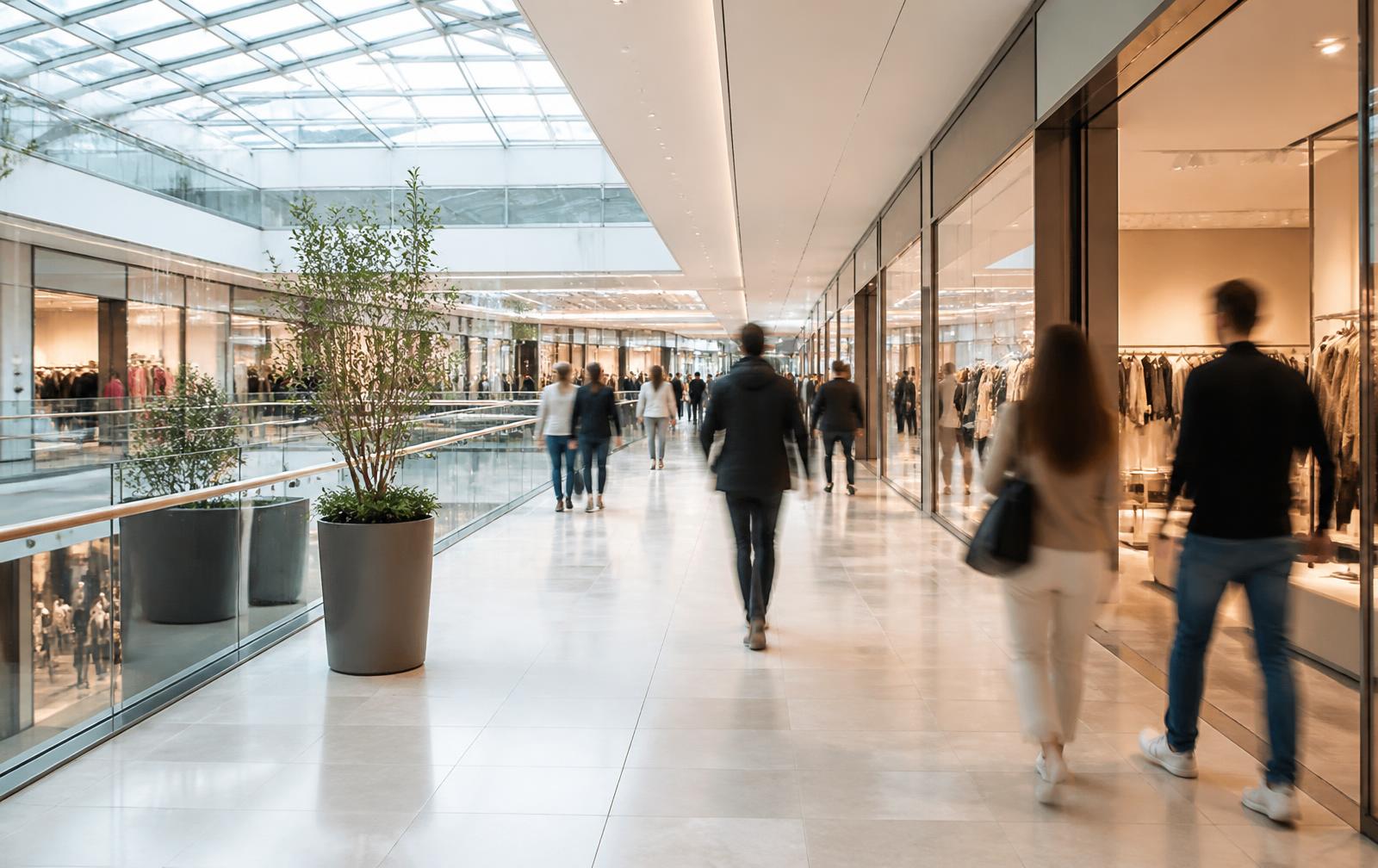 Bright shopping centre walkway with shoppers passing storefronts